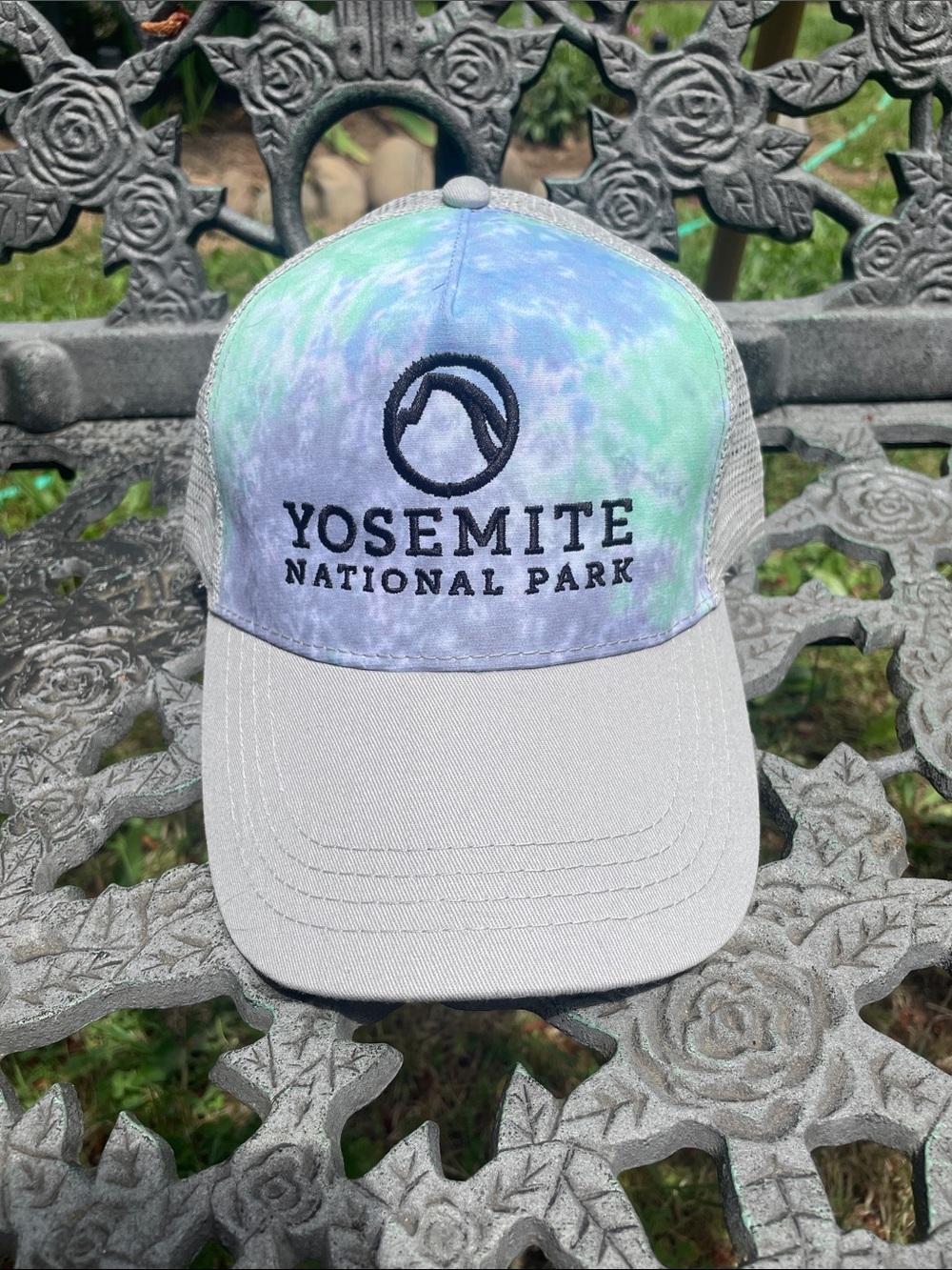 Yosemite Tie-Dye Trucker Hat in Blue, Grey and Green